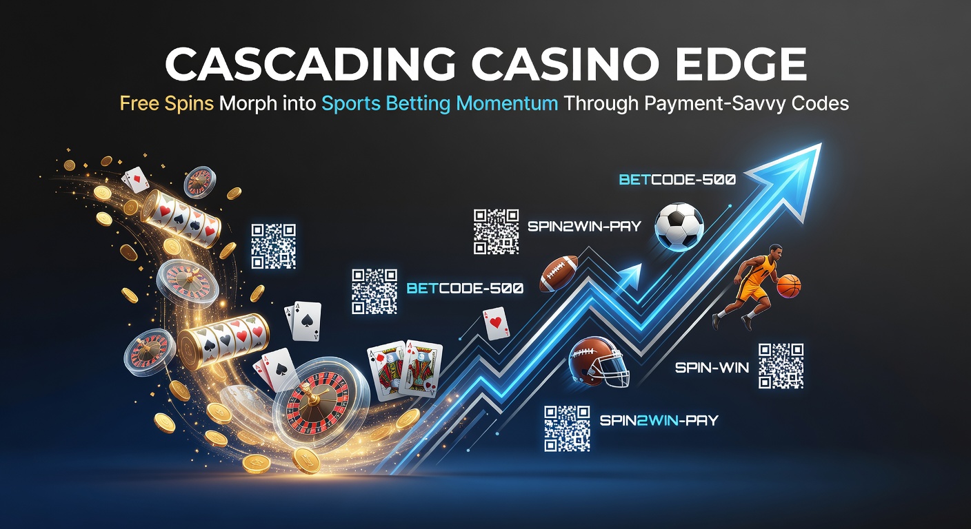 Grafische weergave van free spins die overgaan in sportweddenschap acties via betaalcodes, met casino elementen en sport icons