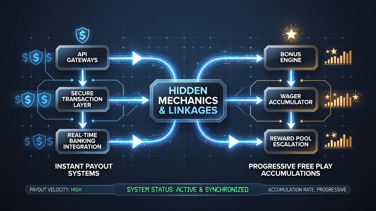Diagram dat de verbinding tussen instant payout systemen en accumulerende free play mechanismen illustreert