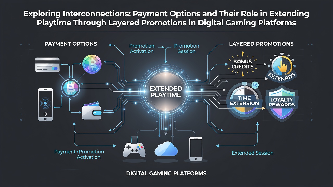 Digitale gaming platforms met diverse betaalopties en promotielagen die speeltijd verlengen