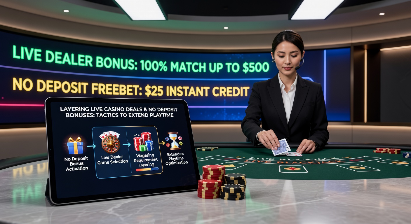 Tactieken in actie: een speler layered bonussen tijdens een live blackjack sessie, met schermen vol promoties