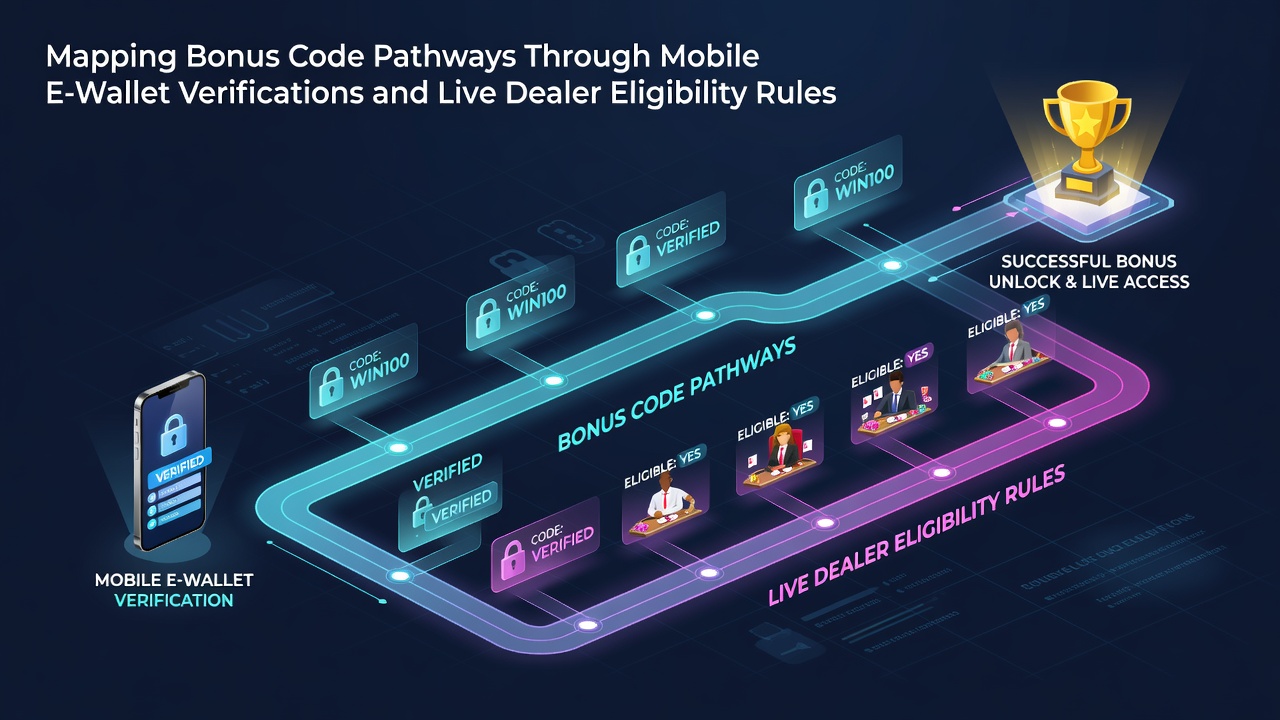 Diagram dat bonuscode verificatiepaden toont via mobiele e-wallets en live dealer platforms