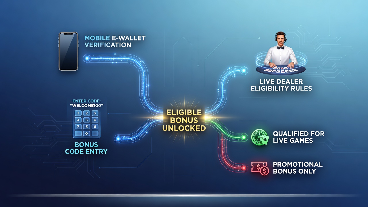 Illustratie van live dealer verificatie en e-wallet integratie voor bonuscodes