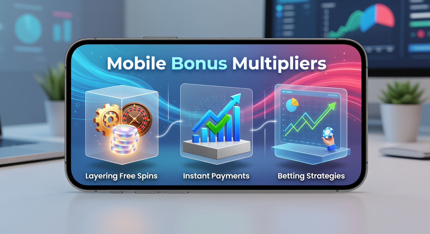 Mobiel scherm met bliksemsnel uitbetalingsicoon naast een stapel bonusmunten en free spin-wheel, illustrerend instant withdrawals gekoppeld aan multipliers