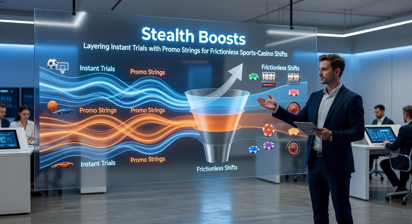 Grafische weergave van gelaagde promo-codes die sportweddenschappen verbinden met casino-trials, met pijlen die soepele shifts tonen