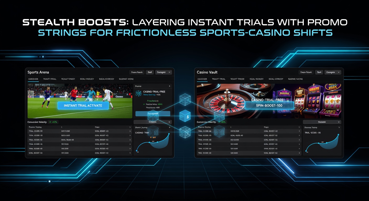 Voorbeeldscherm van een app met gelaagde promo-codes, tonend een shift van sportbet naar casino-trial met actieve bonuslayers