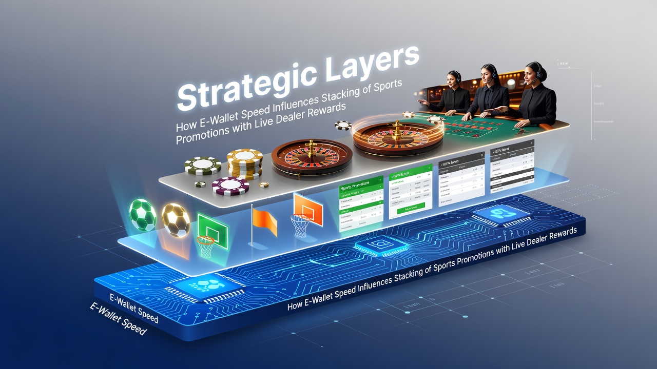 Illustratie van e-wallet transacties en sportpromoties die gestapeld worden met live dealer beloningen in een digitaal casino-omgeving