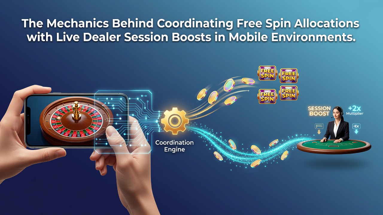 Illustratie van mobiele casino interface met free spins en live dealer