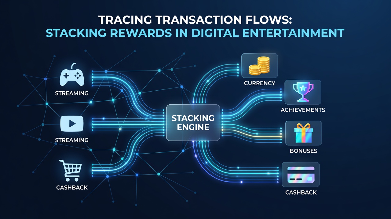 Diagram van transactiestromen in digitale entertainmentplatforms met beloningsstapeling